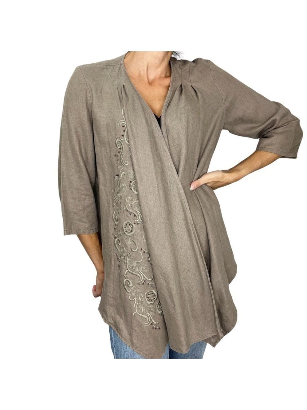 Edward pure linen taupe open front embroidered beaded 3/4 sleeve jacket S